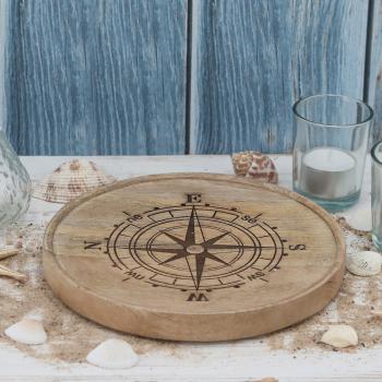 Preview: Deko-Teller Mangoholz Windrose - Rundes Tablett mit erhöhtem Rand - Natur/Braun, 20x20x3cm - Vielseitig für Obst & Deko - Unikat