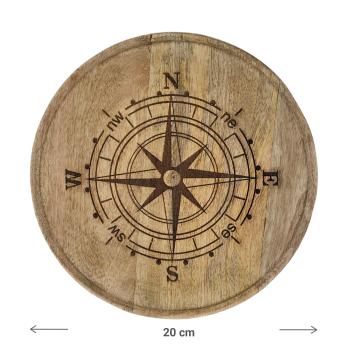 Preview: Deko-Teller Mangoholz Windrose - Rundes Tablett mit erhöhtem Rand - Natur/Braun, 20x20x3cm - Vielseitig für Obst & Deko - Unikat