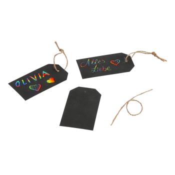 Preview: 6er-Set Kratzpapier Geschenkanhänger Regenbogen - Etiketten zum Aufhängen für fantasievolle Gestaltung - Schwarz/Bunt Papier 11x13x0,4cm