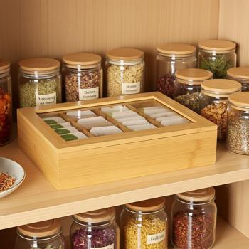 Preview: Teebeutelbox aus Bambus - 8 Fächer & transparenter Deckel für Tee-Ordnung - Natur Design - 32x20x6.5cm - Geschenkidee