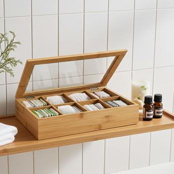 Preview: Teebeutelbox aus Bambus - 8 Fächer & transparenter Deckel für Tee-Ordnung - Natur Design - 32x20x6.5cm - Geschenkidee