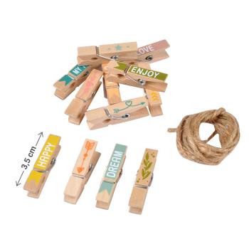 Preview: Mini-Klammern aus Holz bunt mit Aufschrift - Zum Befestigen von Fotos & Notizen - 12er-Set Wäscheklammern Deko