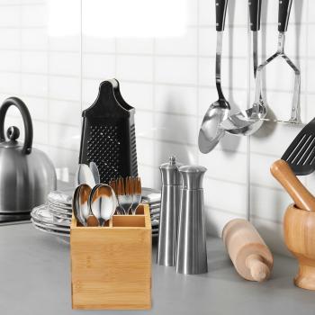 Preview: Besteckständer aus Bambus - Küchenutensilienhalter & Stiftebox - Nachhaltig - Trennwände herausnehmbar - 14,5x13,5x13,5 cm