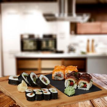 Preview: Schneidebrett Bambus mit Griff & Schiefereinsatz - Servierplatte für Sushi, Tapas, Käse, Desserts - Robust, hygienisch, 30.6x25x2cm