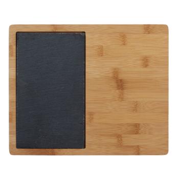 Schneidebrett Bambus mit Griff & Schiefereinsatz - Servierplatte für Sushi, Tapas, Käse, Desserts - Robust, hygienisch, 30.6x25x2cm