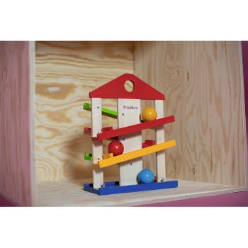 Preview: Kugelbahn aus Lindenholz 4-teilig - Lernspielzeug ab 1 Jahr mit 3 bunten Kugeln & Glocke - 25x12x34cm - Fördert Motorik - Vegan