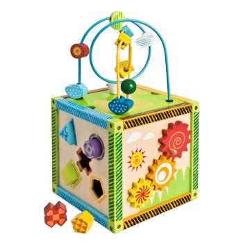 Preview: Spielecenter aus Birkenholz - Motorikschleife & 4 Spiele - Lernspielzeug für Kinder ab 12 Monaten - Fördert Motorik & Hand-Auge-Koordination - 20x20x37cm