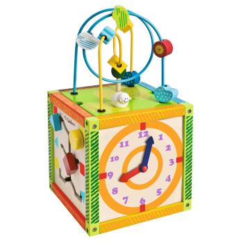 Preview: Spielecenter aus Birkenholz - Motorikschleife & 4 Spiele - Lernspielzeug für Kinder ab 12 Monaten - Fördert Motorik & Hand-Auge-Koordination - 20x20x37cm