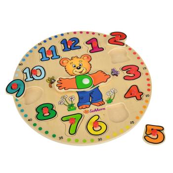 Lernuhr Bär aus Holz - Lernspielzeug Uhr mit 12 Steckteilen & Griff - Spielerisches Erlernen von Uhrzeiten - Motorikfördernd, FSC-zertifiziert