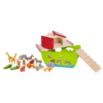 Preview: Steckspiel Arche Noah - Motorikspielzeug Holzschiff - Für Kleinkinder ab 1 Jahr - Fördert Hand-Auge-Koordination - 21-teilig - 16 Steckfiguren - 14x26x19cm