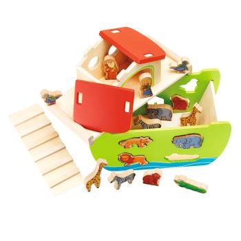 Preview: Steckspiel Arche Noah - Motorikspielzeug Holzschiff - Für Kleinkinder ab 1 Jahr - Fördert Hand-Auge-Koordination - 21-teilig - 16 Steckfiguren - 14x26x19cm