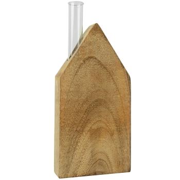 Aufsteller Haus aus Mangoholz mit Glasröhrchen - Elegante Blumenvase für einzelne Akzentblumen - Minimalistisches Design, Indoor Deko, 9x18x3 cm