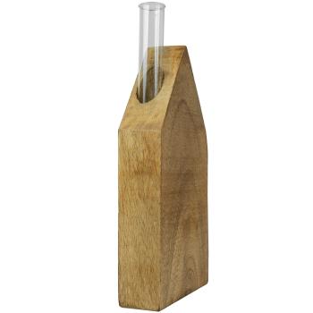 Preview: Aufsteller Haus aus Mangoholz mit Glasröhrchen - Elegante Blumenvase für einzelne Akzentblumen - Minimalistisches Design, Indoor Deko, 9x18x3 cm