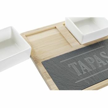 Preview: Tapas Set mit 2 Keramikschalen auf Holzbrett - Schieferplatte mit Griff für stilvollen Apéro & Häppchen - Modern, robust & leicht zu reinigen