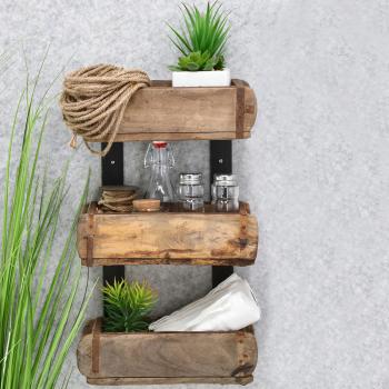 Preview: Wandregal Ziegelform aus Buchenholz & Metall - Industrial-Look Hängeregal mit 3 Ablageflächen für Deko - Upcycling Design, braun/schwarz, 50x31x15cm