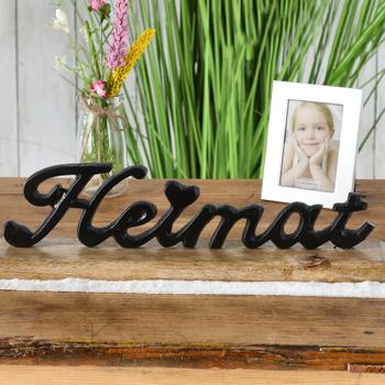 Preview: Schriftzug Heimat Deko-Skulptur aus Mangoholz & Aluminium - 3D-Optik, stabil aufstellbar, braun/schwarz - 2x8x6,5cm - Ideales Geschenk