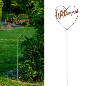 Preview: Gartenstecker Willkommen Herz aus Eisen - Gartendekoration Rostoptik rotbraun - Beetstecker für Kübel & Kästen, 90cm Höhe - Ganzjährig Outdoor