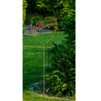 Preview: Gartenstecker Willkommen Herz aus Eisen - Gartendekoration Rostoptik rotbraun - Beetstecker für Kübel & Kästen, 90cm Höhe - Ganzjährig Outdoor
