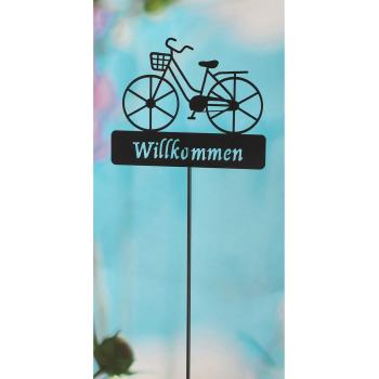 Preview: Gartenstecker Willkommen mit Velo - Modernes Fahrrad Design, 90cm hoch, aus schwarzem Eisen - Pflegeleichte Dekoration für Beet, Kübel & Balkon