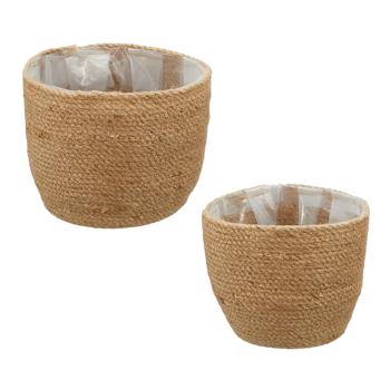 Hanf Korb-Set - 2 runde Pflanzkörbe mit Innenfolie, braun, stapelbar für Innen- & Aussenbereich - 20x13cm & 23x17cm – vielseitige Aufbewahrung & Deko