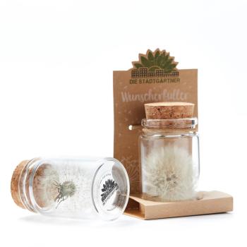 Preview: Wunscherfüller Glas - Pusteblume im Glas mit Korkverschluss - Handgefertigt - Ø4.5xH7.5cm - Ideal für Hochzeit Geburtstag Taufe Prüfung - 100% Natur