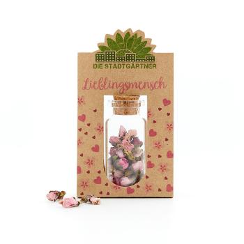 Preview: Geschenk Lieblingsmensch - Blüten im Glas mit Korkverschluss - Handgefertigt Deutschland - 100% natürliche & selbstgepflückte rosa Blüten