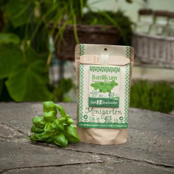 Preview: Basilikum Anzucht Komplett-Set für Kräutergarten - mit Samen, Erde, Anleitung, Pflanzstäbchen - wasserfester Topf - Naturmaterialien - bis 80 Pflanzen