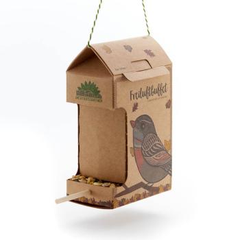 Preview: Vogelfutter-Haus aus festem Karton – Futterstation mit Sitzstange, 200g Vogelfutter & Schnur – Handgefertigt – Wiederbefüllbar, Langlebig – 10x6.2x17.5cm