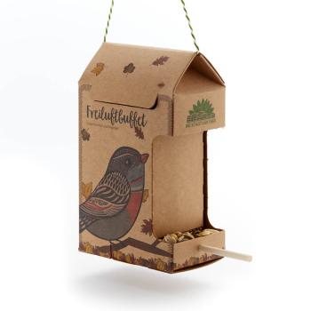 Preview: Vogelfutter-Haus aus festem Karton – Futterstation mit Sitzstange, 200g Vogelfutter & Schnur – Handgefertigt – Wiederbefüllbar, Langlebig – 10x6.2x17.5cm