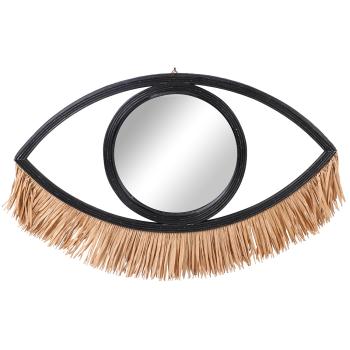Wandspiegel Auge aus Bambus - Exotisches Design mit Bastfransen als Wimpern für Wohnzimmer & Schlafzimmer - Schwarz/Braun 62x41cm
