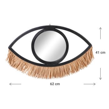 Preview: Wandspiegel Auge aus Bambus - Exotisches Design mit Bastfransen als Wimpern für Wohnzimmer & Schlafzimmer - Schwarz/Braun 62x41cm