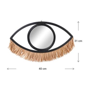 Preview: Wandspiegel in Augenform - Bambusrahmen mit Bastfransen - Deko-Spiegel schwarz/braun - 41x31cm - Exotischer Blickfänger für Wohnzimmer & Schlafzimmer