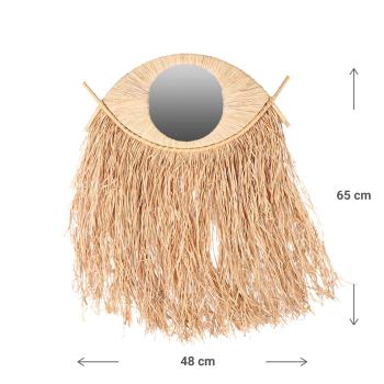 Preview: Design Wandspiegel Augenform aus natürlichem Bambus mit Bastfransen - Extravagante Deko für Wohnzimmer & Schlafzimmer - Braun/Beige 41x31cm
