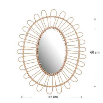 Preview: Design Wandspiegel mit breitem, feinem Bambusrahmen - Eleganter Blickfänger für Wohnzimmer, Schlafzimmer, Flur - Braun, 52x60cm, Oval