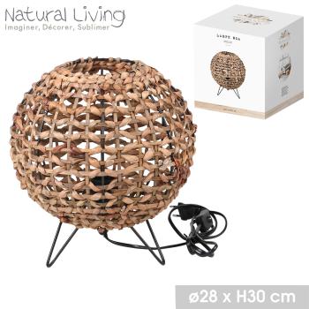 Preview: Tischlampe aus Wasserhyazinthe und Metall - Elegante Stehlampe mit gewebtem Schirm & blumenartigem Muster - Metallgestell schwarz, 30cm hoch