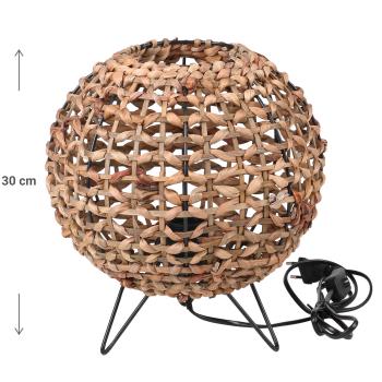 Preview: Tischlampe aus Wasserhyazinthe und Metall - Elegante Stehlampe mit gewebtem Schirm & blumenartigem Muster - Metallgestell schwarz, 30cm hoch