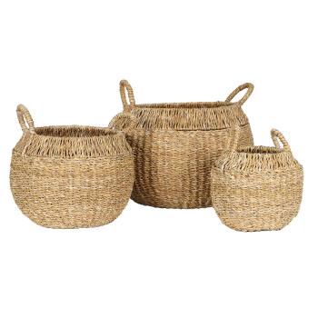 3er-Set Seegras-Körbe mit Henkel braun - Runde Flechtkörbe versch. Grössen - Dekorative & stilvolle Aufbewahrung Landhaus-Stil - Stapelbar 134 Zeichen