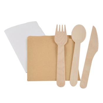Einwegbesteck Holz 6er-Set - Löffel, Gabel, Messer, Serviette - Biologisch abbaubar - Für Party, Picknick, Grill, Catering - Zeitersparnis - Braun