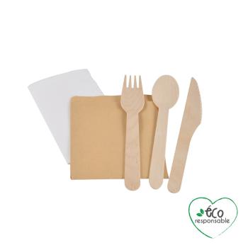 Preview: Einwegbesteck Holz 6er-Set - Löffel, Gabel, Messer, Serviette - Biologisch abbaubar - Für Party, Picknick, Grill, Catering - Zeitersparnis - Braun