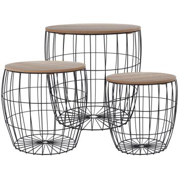 Preview: 3er-Set Metall Beistelltische - Draht-Optik Holz Tischplatten Schwarz/Braun - Couchtische rund für Wohnzimmer 28x28x40cm, 37x37x37cm, 40x40x41cm