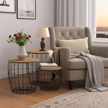 3er-Set Metall Beistelltische - Draht-Optik Holz Tischplatten Schwarz/Braun - Couchtische rund für Wohnzimmer 28x28x40cm, 37x37x37cm, 40x40x41cm