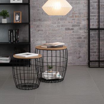 Preview: 3er-Set Metall Beistelltische - Draht-Optik Holz Tischplatten Schwarz/Braun - Couchtische rund für Wohnzimmer 28x28x40cm, 37x37x37cm, 40x40x41cm