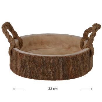 Preview: Holzschale rund aus Paulowniaholz - Dekoschale mit Henkel, stabil & langlebig - Ø 32x10cm - Für Deko, Aufbewahrung, Natur & Braun - Einzigartige Maserung