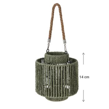 Preview: Laterne Naturmaterial - Grün mit Henkel für Kerzen, Schattenspiel & rustikalen Charme - Ø 18,5x14cm für drinnen & draussen