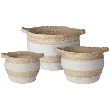 Naturfaser Korb-Set 3-teilig rund – Baumwolle & Maisblätter weiss/natur – ökologische Aufbewahrungslösung Bad Wohnzimmer Kinderzimmer – Ø33/28/23cm