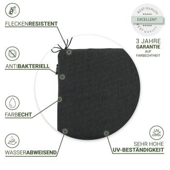 Preview: Stuhlkissen Outdoor Dunkelgrau 40x40cm - Recyceltes Material - UV-Schutz - Wasserabweisend & Antibakteriell - Mit Bändchen - Für Garten & Terrasse