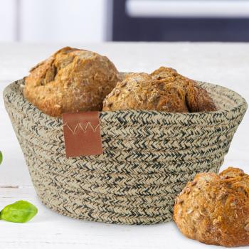 Preview: Brotkorb aus Baumwolle Seiloptik - Beige Schwarz Melange Mehrzweckkorb für Brot, Brötchen & Aufbewahrung - Ø 18 x H 8 cm - mit Lederband