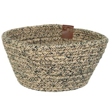 Preview: Brotkorb aus Baumwolle Seiloptik - Beige Schwarz Melange Mehrzweckkorb für Brot, Brötchen & Aufbewahrung - Ø 18 x H 8 cm - mit Lederband