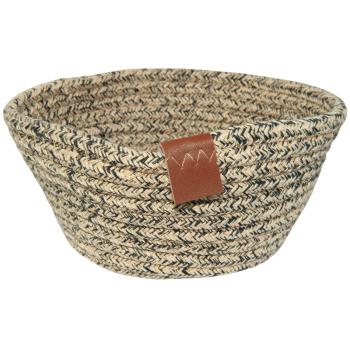 Brotkorb aus Baumwolle Seiloptik - Beige Schwarz Melange Mehrzweckkorb für Brot, Brötchen & Aufbewahrung - Ø 18 x H 8 cm - mit Lederband
