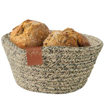 Preview: Brotkorb aus Baumwolle Seiloptik - Beige Schwarz Melange Mehrzweckkorb für Brot, Brötchen & Aufbewahrung - Ø 18 x H 8 cm - mit Lederband